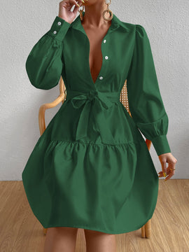 Prive Vestido camisero de manga farol bajo con fruncido con cinturon