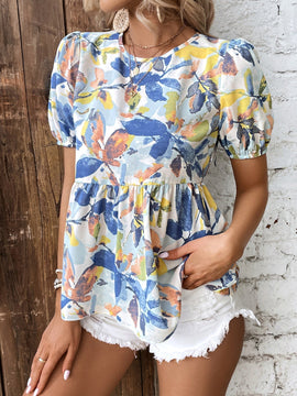 VCAY Blusa peplum con estampado floral de manga farol