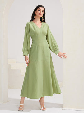 Mulvari Vestido unicolor de cuello V de manga farol