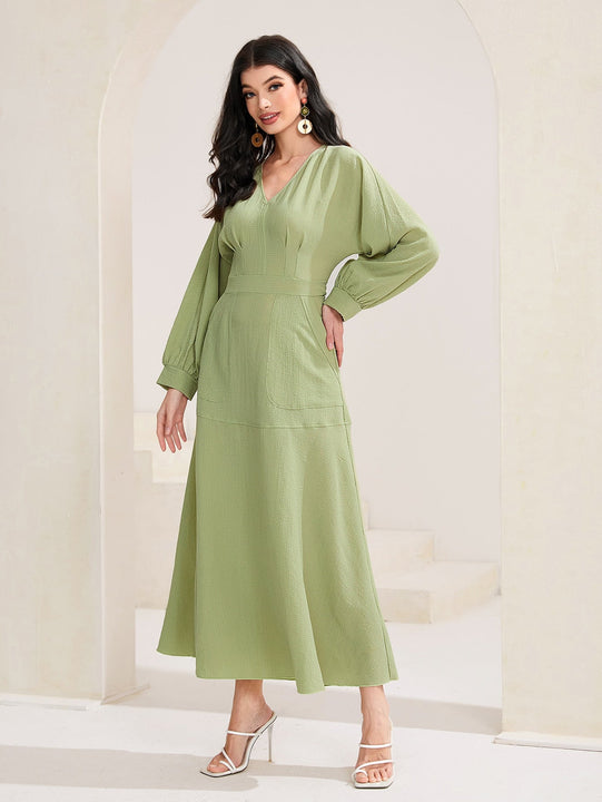 Mulvari Vestido unicolor de cuello V de manga farol