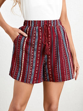 EMERY ROSE Shorts con estampado geometrico con fleco de cintura con cordon