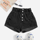 Shorts en mezclilla de cintura con volante desgarro bajo de doblez