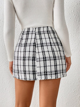 Frenchy Falda-pantalon Con Cierre De Cremallera Y Diseno De Cuadros Escoceses, Con Abertura Trasera Y Botones Partidos De Tweed