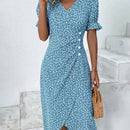 VCAY Vestido bajo cruzado floral de manga farol con diseno de boton