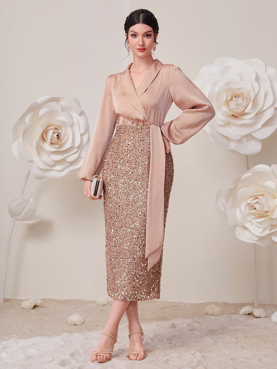 Modely Vestido de cuello esmoquin de manga farol con lentejuelas