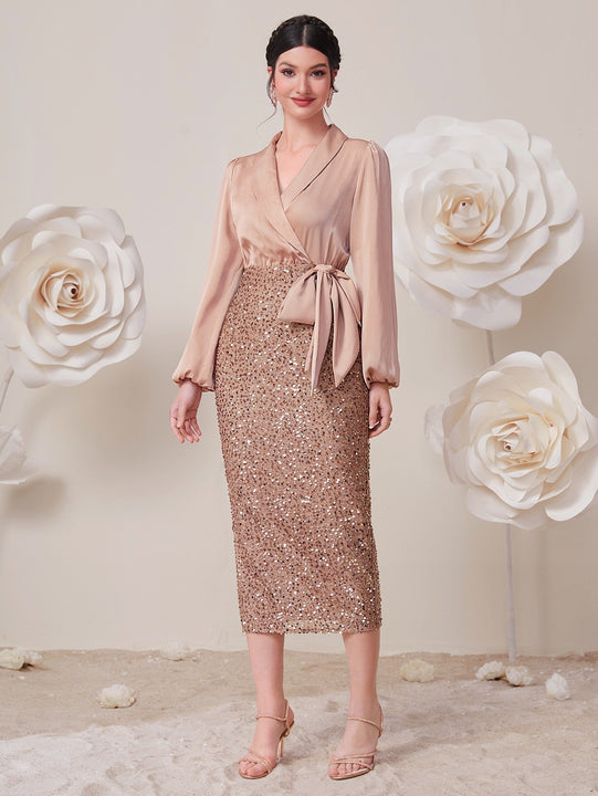 Modely Vestido de cuello esmoquin de manga farol con lentejuelas