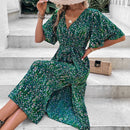 Vestido con cinturon con estampado de pincelada de manga mariposa