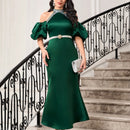 Modely Vestido de hombros descubiertos de manga farol bajo sirena de saten sin cinturon