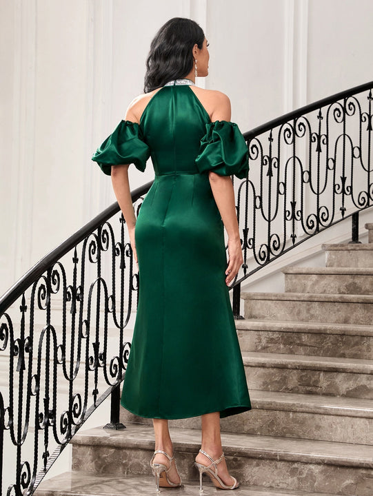 Modely Vestido de hombros descubiertos de manga farol bajo sirena de saten sin cinturon