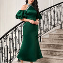 Modely Vestido de hombros descubiertos de manga farol bajo sirena de saten sin cinturon