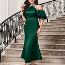 Modely Vestido de hombros descubiertos de manga farol bajo sirena de saten sin cinturon