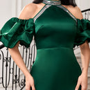 Modely Vestido de hombros descubiertos de manga farol bajo sirena de saten sin cinturon