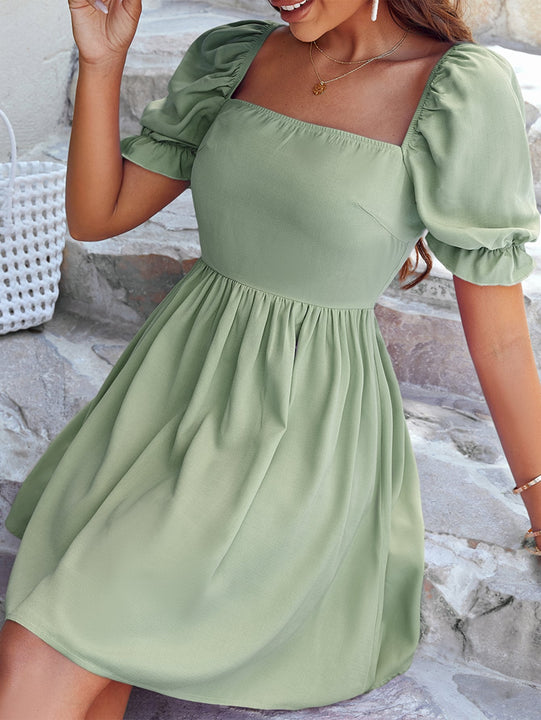 WYWH Vestido linea A de cuello cuadrado de manga farol