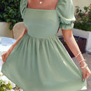 WYWH Vestido linea A de cuello cuadrado de manga farol