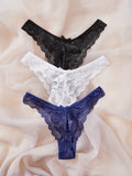 3 Paquetes De Ropa Interior De Encaje Floral Con Borde De Borde Festoneado En Estilo Tanga