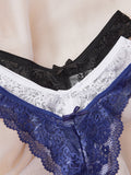 3 Paquetes De Ropa Interior De Encaje Floral Con Borde De Borde Festoneado En Estilo Tanga