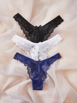 3 Paquetes De Ropa Interior De Encaje Floral Con Borde De Borde Festoneado En Estilo Tanga