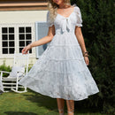 Simplee Vestido con cordon delantero de manga farol bajo a capas con encaje