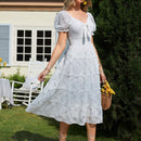 Simplee Vestido con cordon delantero de manga farol bajo a capas con encaje