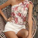Blusa con estampado floral de un hombro con diseno de nudo
