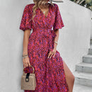 Vestido con cinturon con estampado de pincelada de manga mariposa