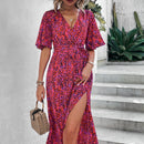Vestido con cinturon con estampado de pincelada de manga mariposa