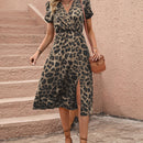 Vestido con estampado de leopardo de manga farol de muslo con abertura