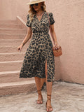 Vestido con estampado de leopardo de manga farol de muslo con abertura