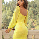 Joyfunear Vestido ajustado escote V escote corazon de manga farol fruncido