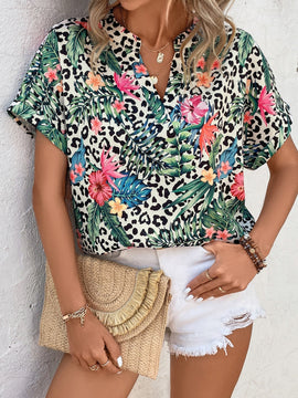 VCAY Blusa de leopardo & con estampado tropical de manga murcielago popover