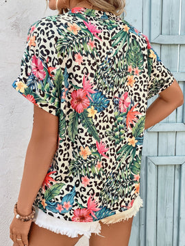 VCAY Blusa de leopardo & con estampado tropical de manga murcielago popover
