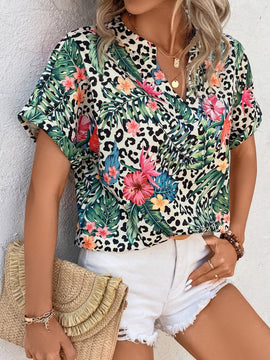 VCAY Blusa de leopardo & con estampado tropical de manga murcielago popover