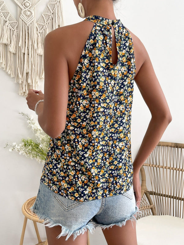 Blusa con estampado floral de espalda con abertura de ojo de cuello halter