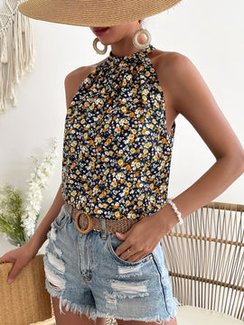 Blusa con estampado floral de espalda con abertura de ojo de cuello halter