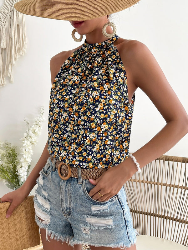 Blusa con estampado floral de espalda con abertura de ojo de cuello halter