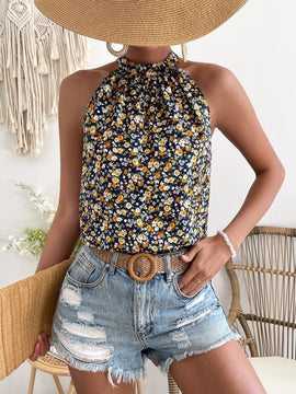 Blusa con estampado floral de espalda con abertura de ojo de cuello halter