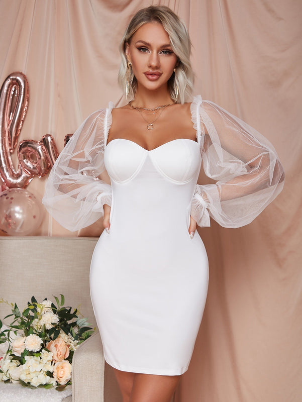 Eilly Bazar vestido ajustado de manga farol de malla transparente