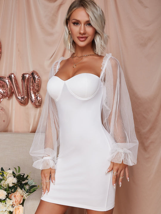 Eilly Bazar vestido ajustado de manga farol de malla transparente