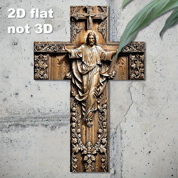 Crucifijo de Madera Artificial Regenerada Impreso en 2D con Patrones Florales - Arte Rústico Vintage para Navidad, Halloween, Pascua y Día de los Muertos - Decoración para Iglesia y Hogar, Plano en 2D