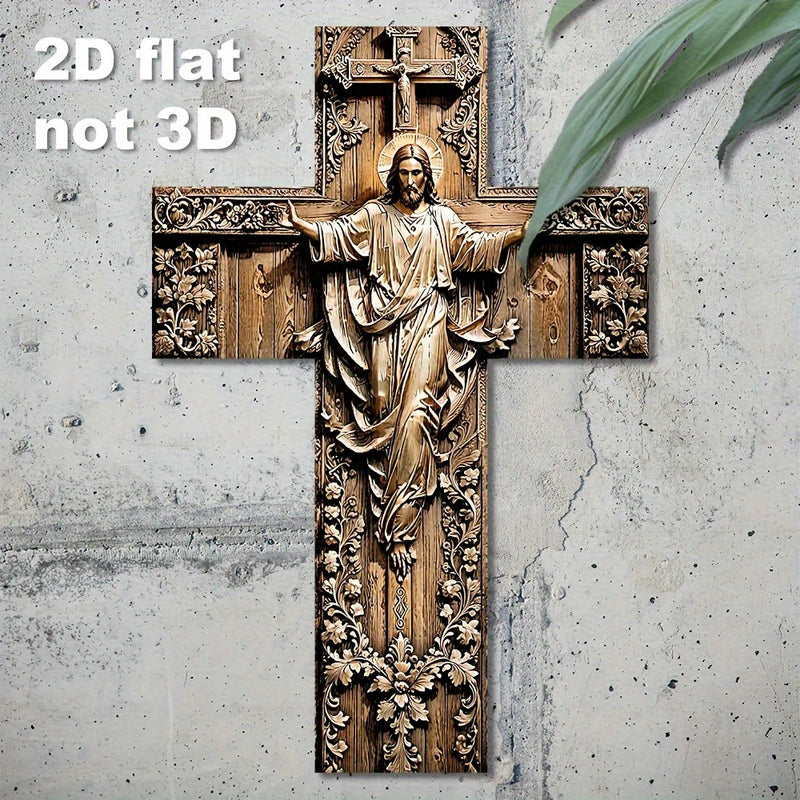 Crucifijo de Madera Artificial Regenerada Impreso en 2D con Patrones Florales - Arte Rústico Vintage para Navidad, Halloween, Pascua y Día de los Muertos - Decoración para Iglesia y Hogar, Plano en 2D