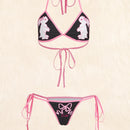 ROMWE Kawaii Set de lenceria con letra con estampado de conejo de dibujos animados unido en contraste