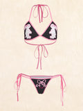 ROMWE Kawaii Set de lenceria con letra con estampado de conejo de dibujos animados unido en contraste
