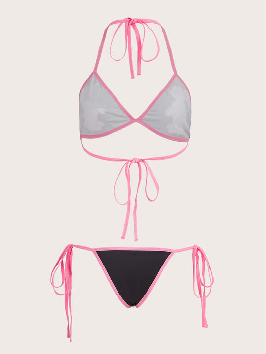 ROMWE Kawaii Set de lenceria con letra con estampado de conejo de dibujos animados unido en contraste