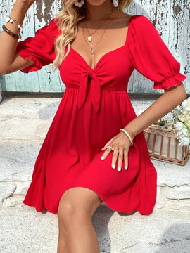 VCAY Vestido escote corazon con nudo delantero de manga farol