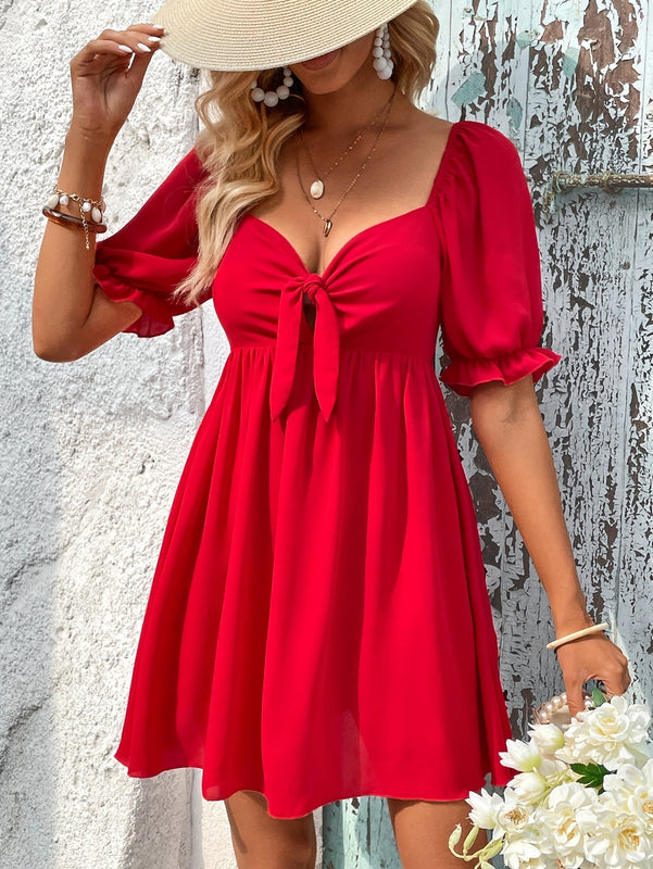 VCAY Vestido escote corazon con nudo delantero de manga farol