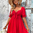 VCAY Vestido escote corazon con nudo delantero de manga farol