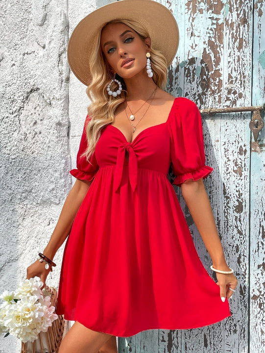 VCAY Vestido escote corazon con nudo delantero de manga farol