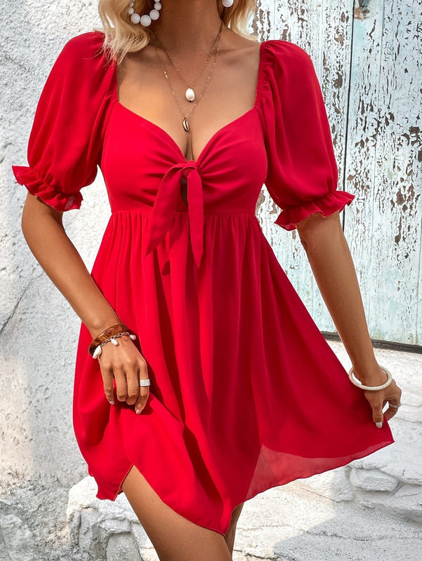 VCAY Vestido escote corazon con nudo delantero de manga farol