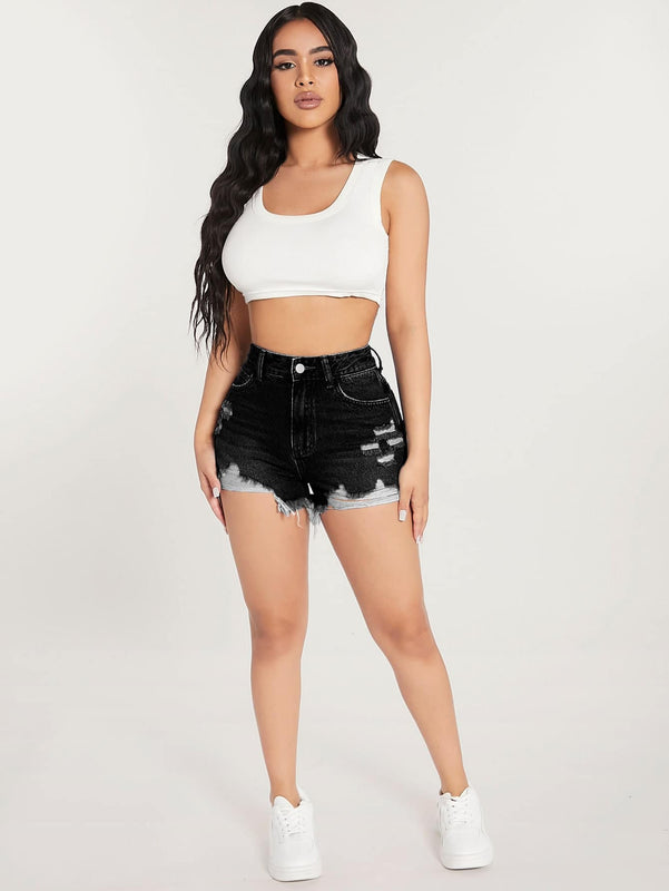 PETITE Shorts mezclilla desgarro bajo crudo