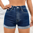 PETITE Shorts en mezclilla de talle alto bajo de doblez